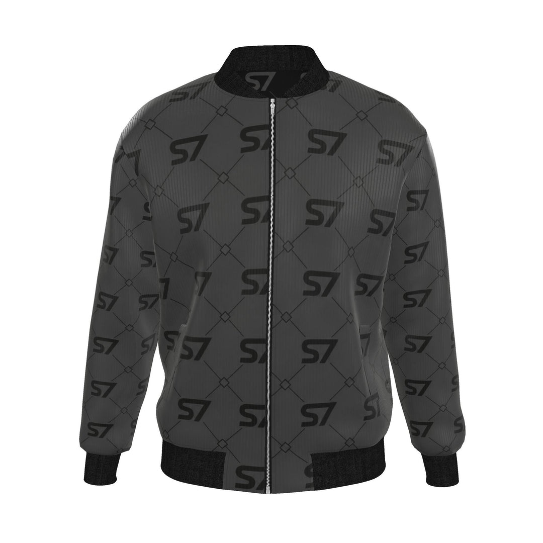 S7 Diamond Links men’s silk bomber with black S7 monograms and fine diamond links on charcoal, finished with black trim.