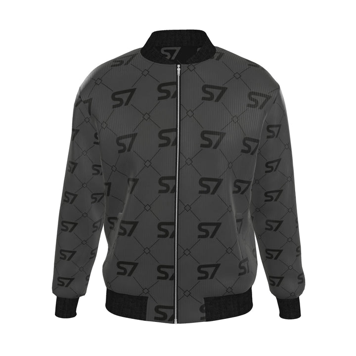 S7 Diamond Links men’s silk bomber with black S7 monograms and fine diamond links on charcoal, finished with black trim.