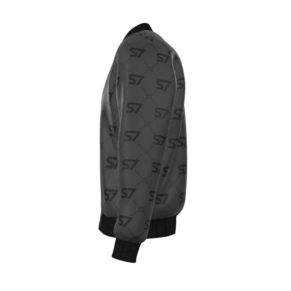 S7 Diamond Links men’s silk bomber with black S7 monograms and fine diamond links on charcoal, finished with black trim.