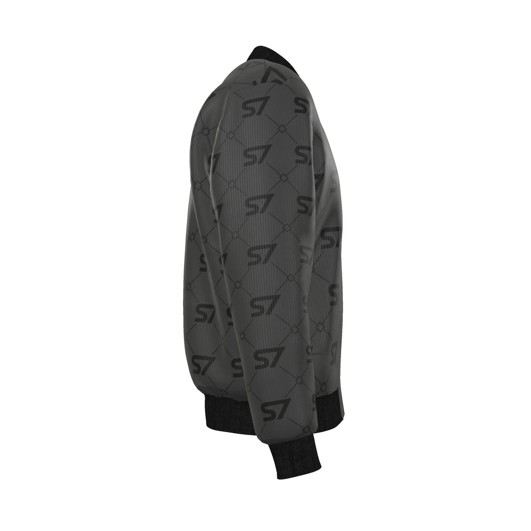 S7 Diamond Links men’s silk bomber with black S7 monograms and fine diamond links on charcoal, finished with black trim.
