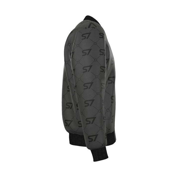 S7 Diamond Links men’s silk bomber with black S7 monograms and fine diamond links on charcoal, finished with black trim.