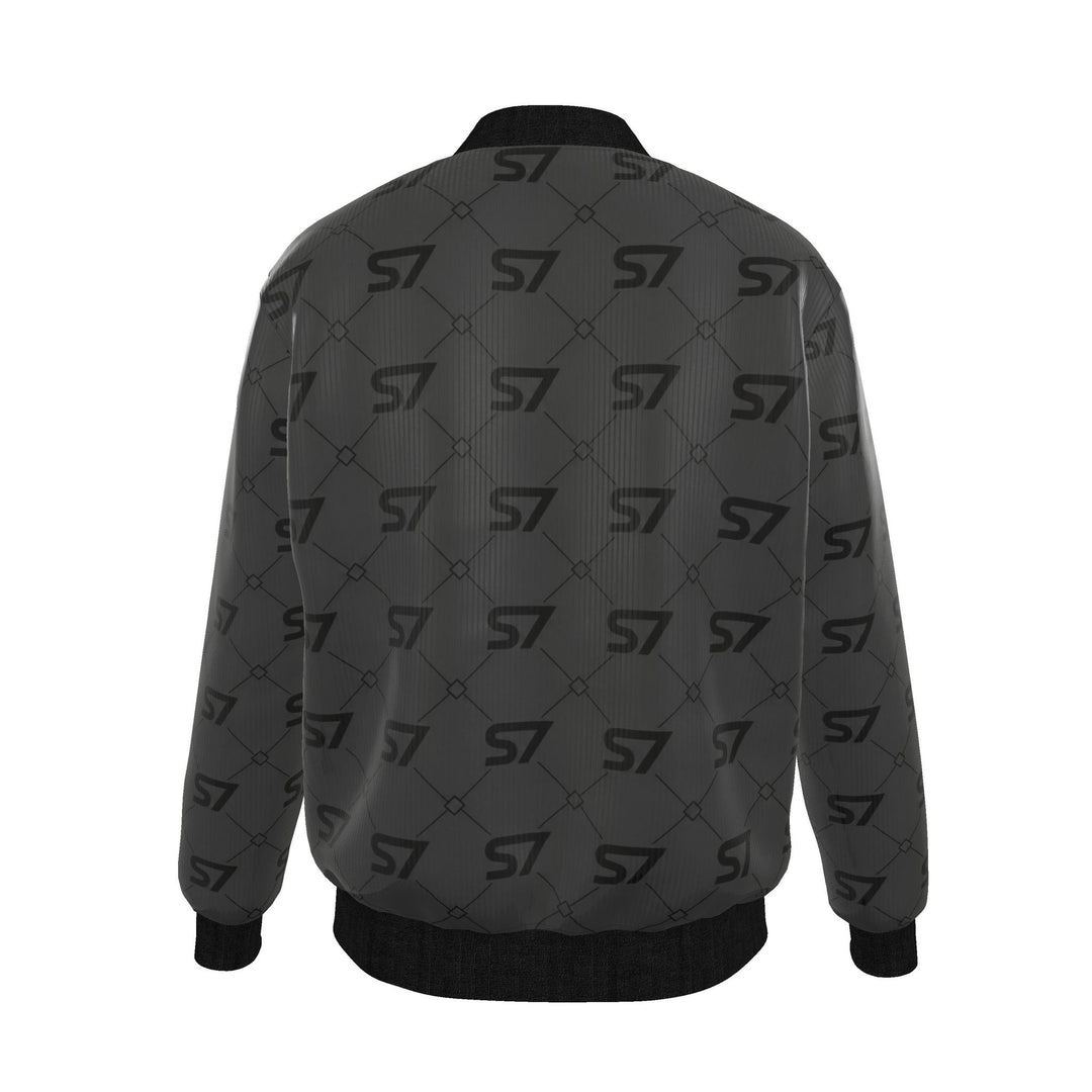 S7 Diamond Links men’s silk bomber with black S7 monograms and fine diamond links on charcoal, finished with black trim.