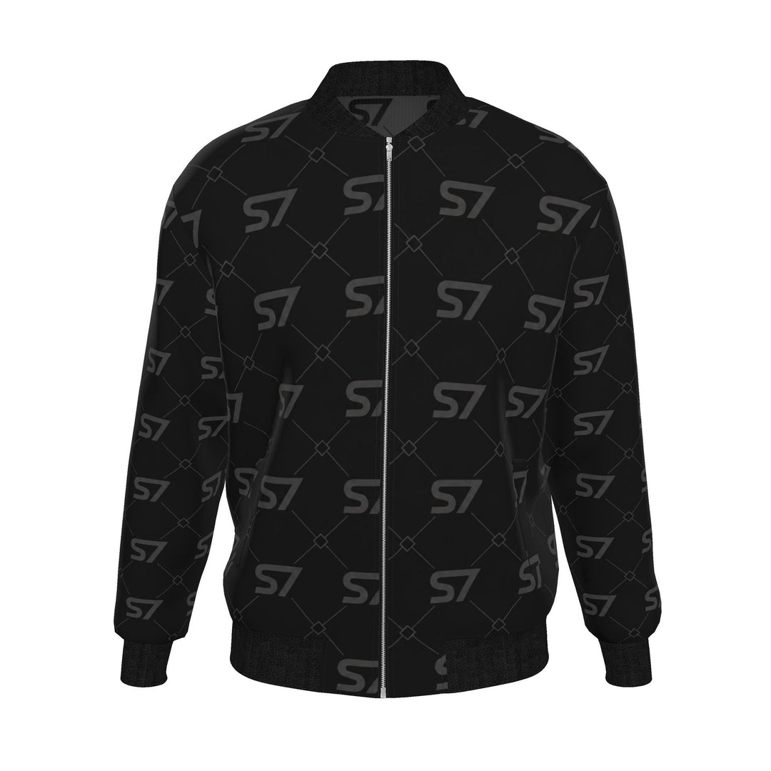 S7 Diamond Links men’s silk bomber with black S7 monograms and fine diamond links on charcoal, finished with black trim.