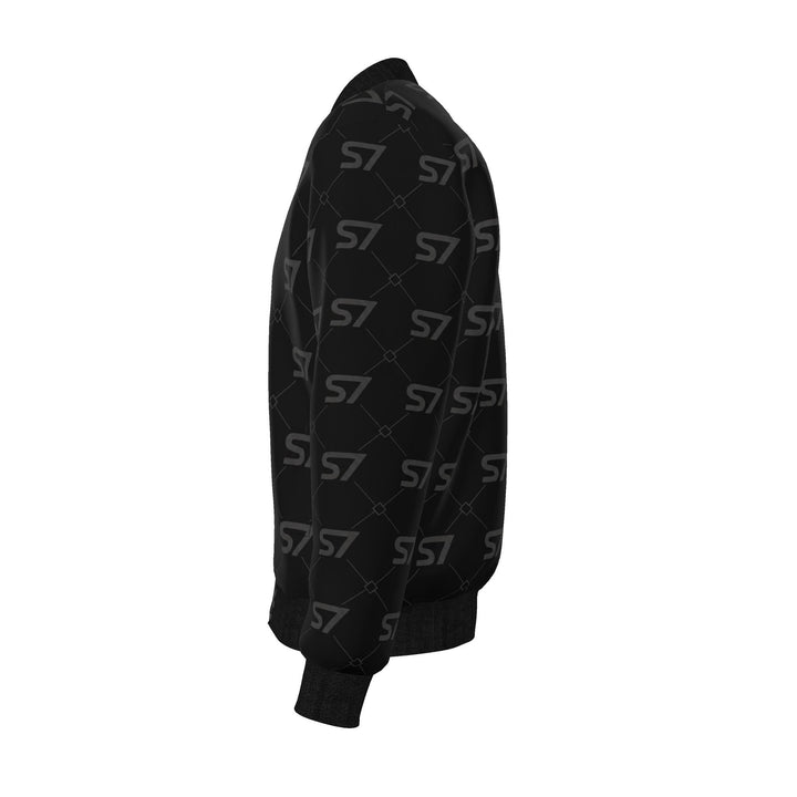 S7 Diamond Links men’s silk bomber with black S7 monograms and fine diamond links on charcoal, finished with black trim.
