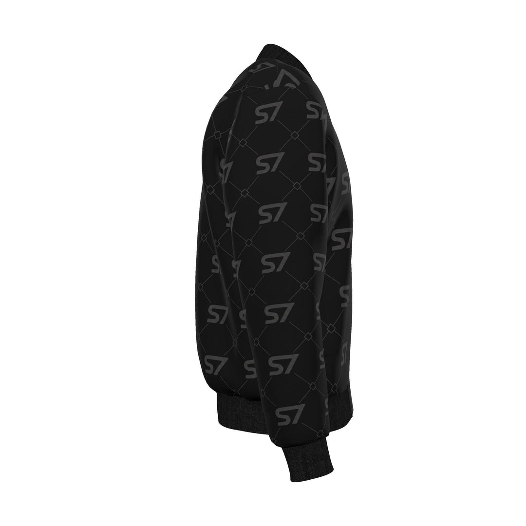 S7 Diamond Links men’s silk bomber with black S7 monograms and fine diamond links on charcoal, finished with black trim.