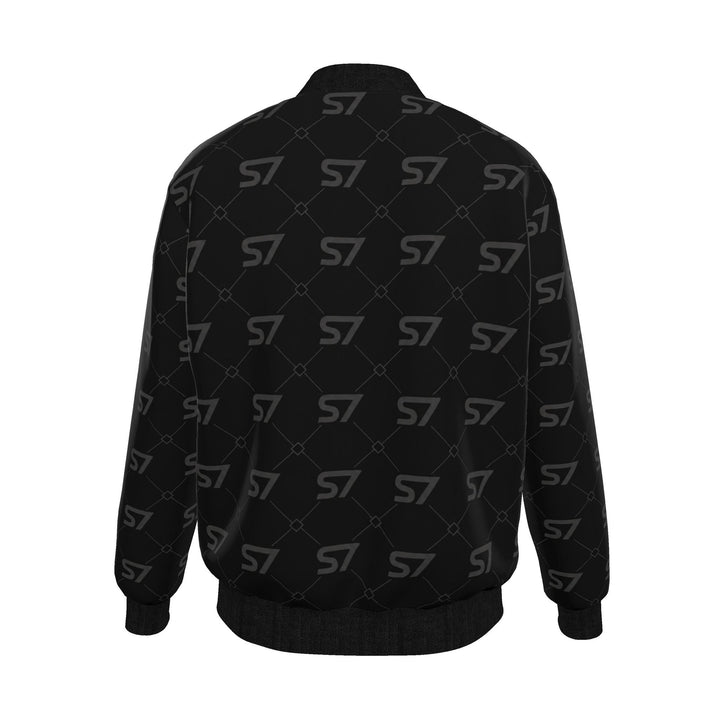S7 Diamond Links men’s silk bomber with black S7 monograms and fine diamond links on charcoal, finished with black trim.