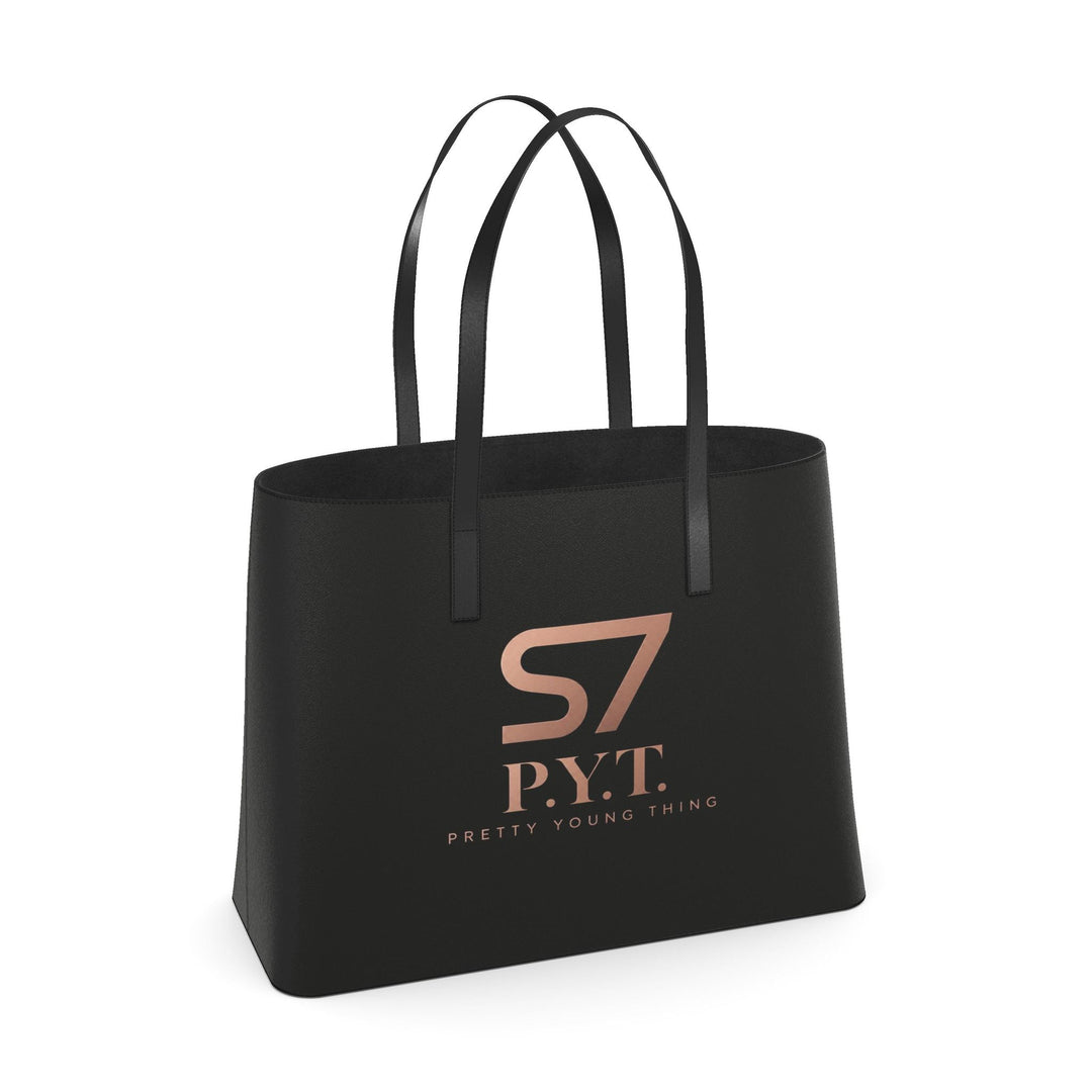 Black S7 P.Y.T. leather tote featuring a copper-toned illustration of a curly-haired woman and rose-gold S7 branding.