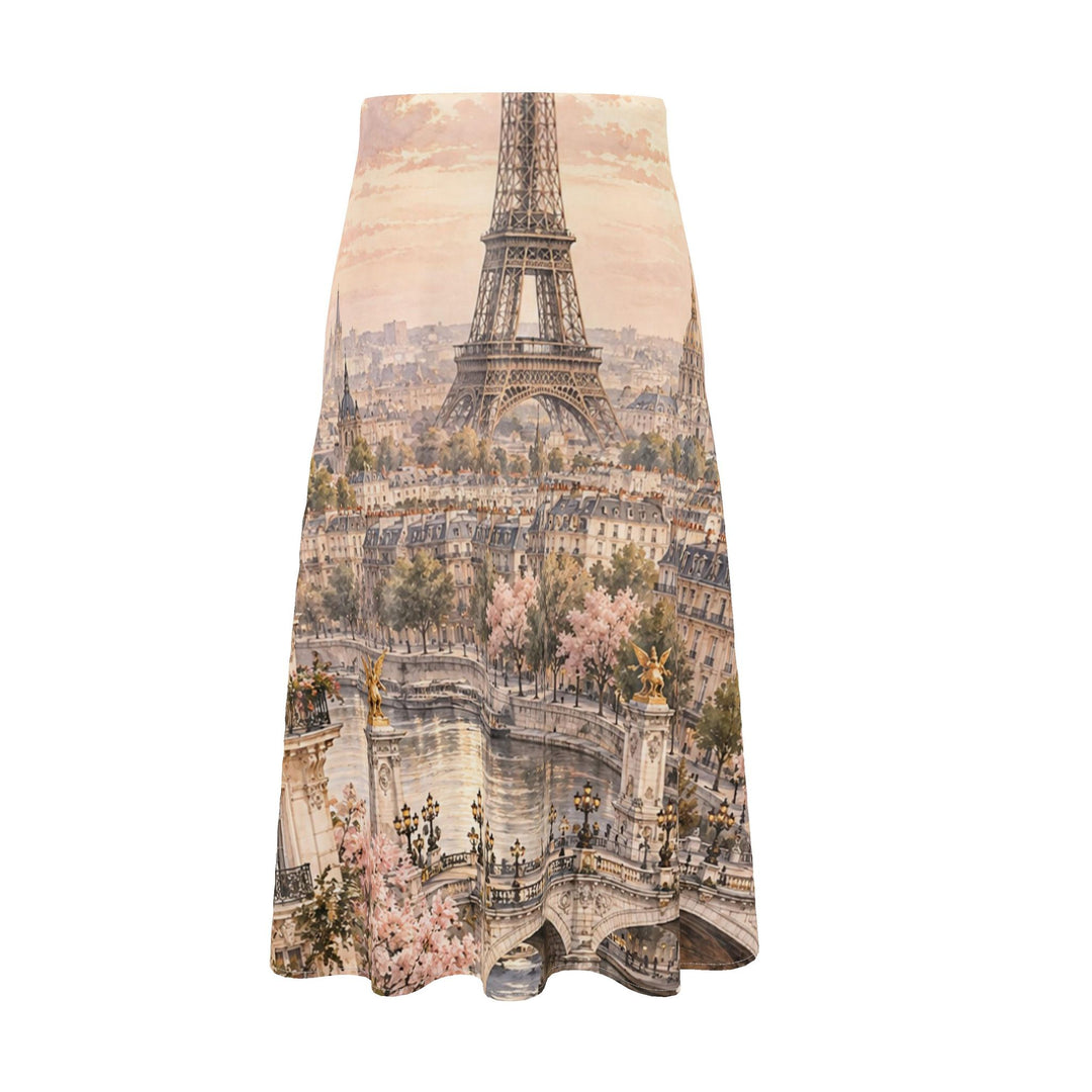 S7 Paris Reverie silk mini dress with blush and ivory Eiffel Tower, Paris rooftops, and Seine cityscape artwork.