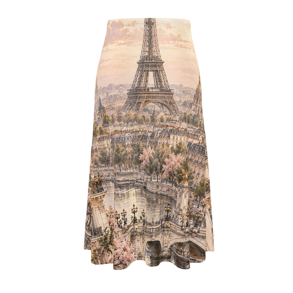 S7 Paris Reverie silk mini dress with blush and ivory Eiffel Tower, Paris rooftops, and Seine cityscape artwork.