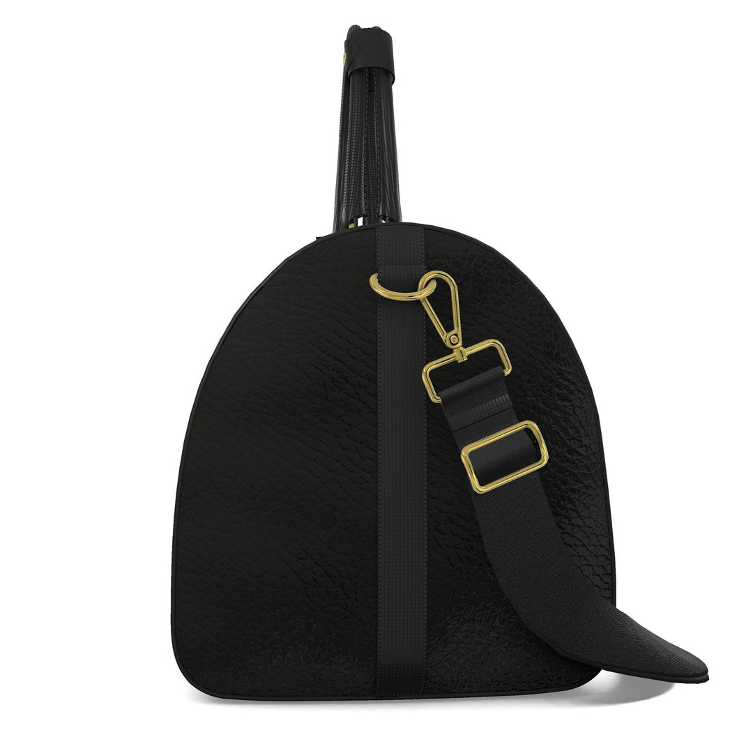 S7 Amethyst Royale purple leather duffle bag with turquoise monograms and ornate diamond lattice, black handles and side panels, and gold-tone hardware.
