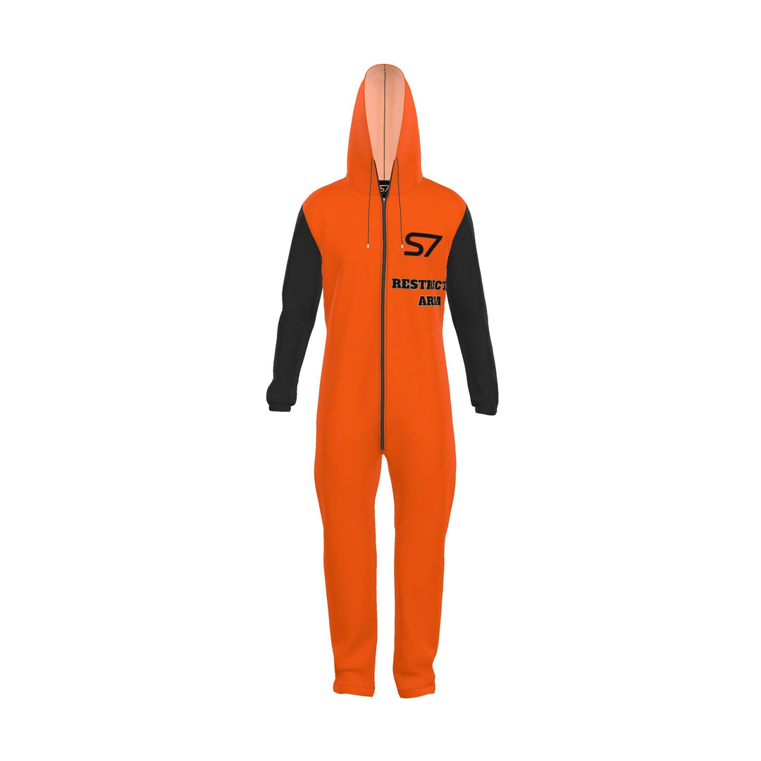 S7 HAZARD orange hooded jumpsuit with black sleeves and S7 Restricted Area chest graphics.