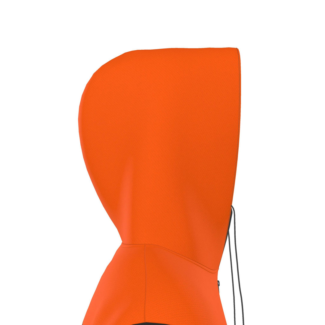 S7 HAZARD orange hooded jumpsuit with black sleeves and S7 Restricted Area chest graphics.