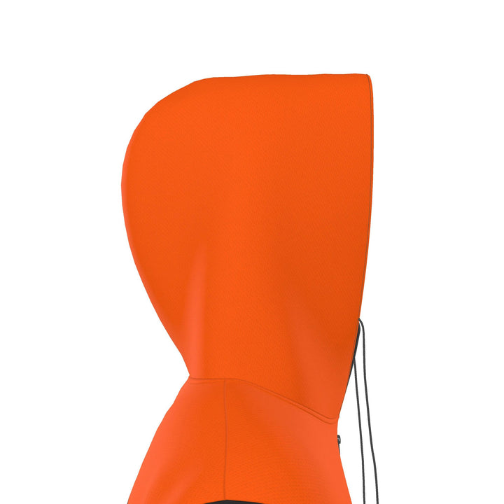 S7 HAZARD orange hooded jumpsuit with black sleeves and S7 Restricted Area chest graphics.