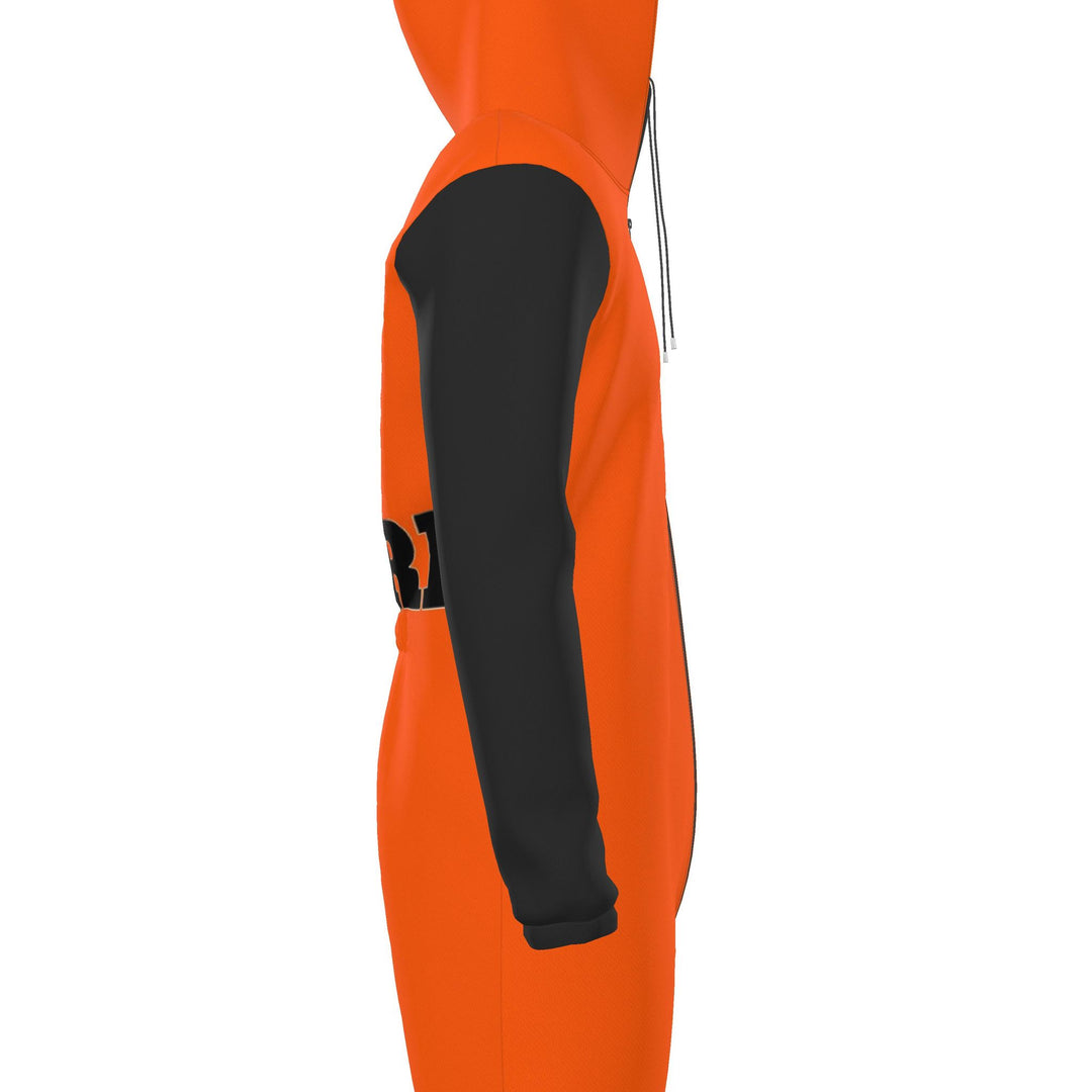 S7 HAZARD orange hooded jumpsuit with black sleeves and S7 Restricted Area chest graphics.