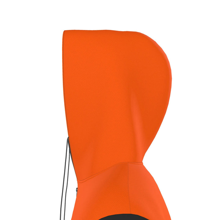 S7 HAZARD orange hooded jumpsuit with black sleeves and S7 Restricted Area chest graphics.