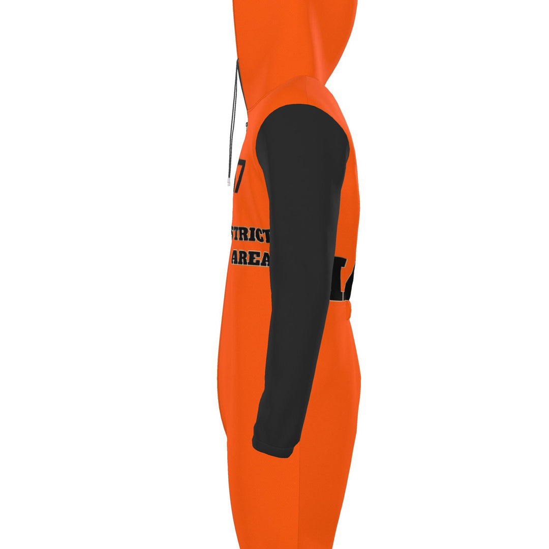 S7 HAZARD orange hooded jumpsuit with black sleeves and S7 Restricted Area chest graphics.