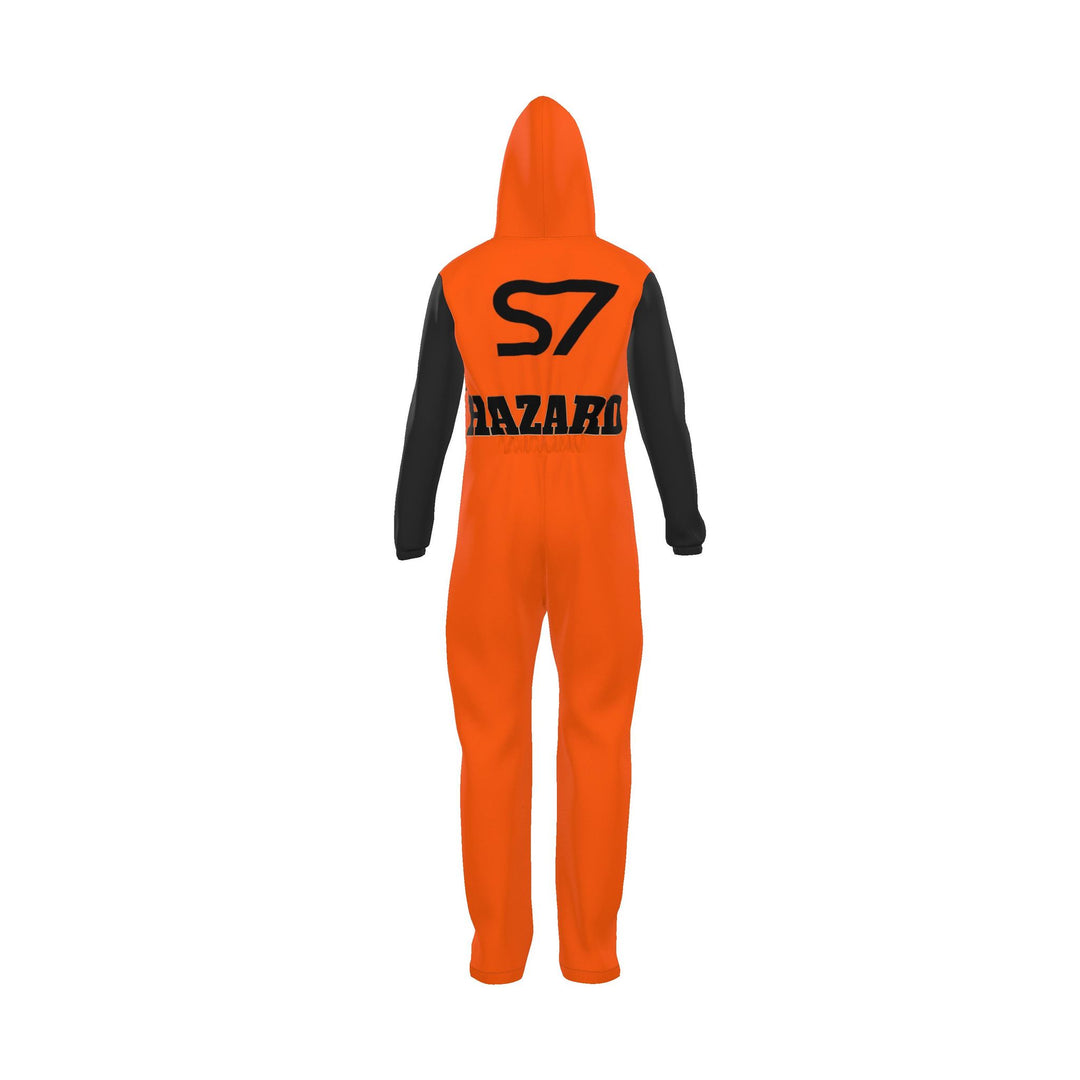 S7 HAZARD orange hooded jumpsuit with black sleeves and S7 Restricted Area chest graphics.