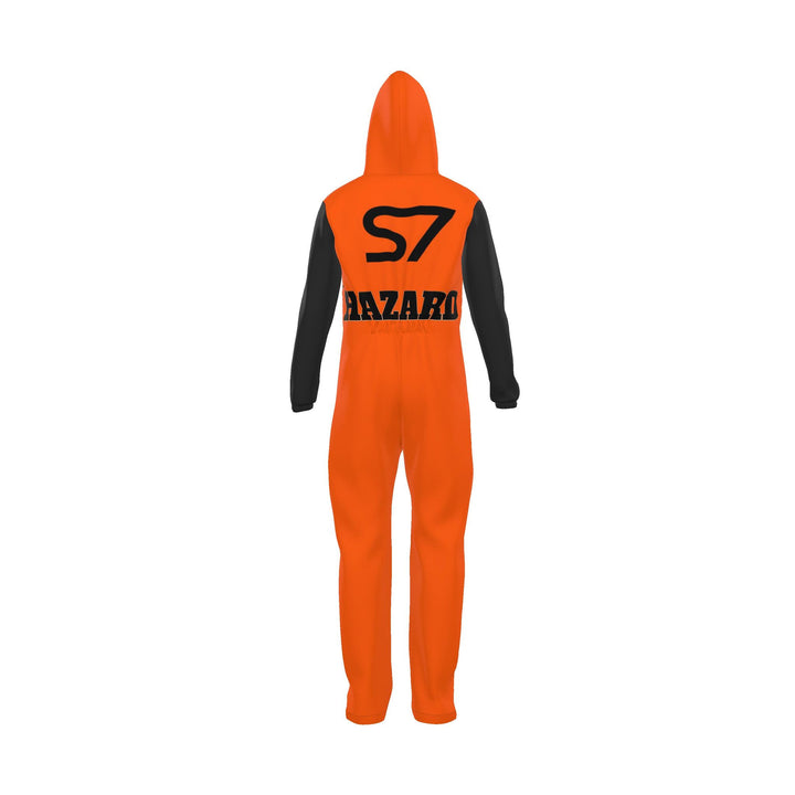 S7 HAZARD orange hooded jumpsuit with black sleeves and S7 Restricted Area chest graphics.