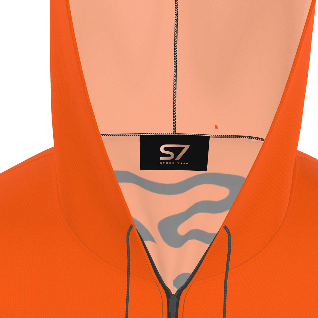 S7 HAZARD orange hooded jumpsuit with black sleeves and S7 Restricted Area chest graphics.