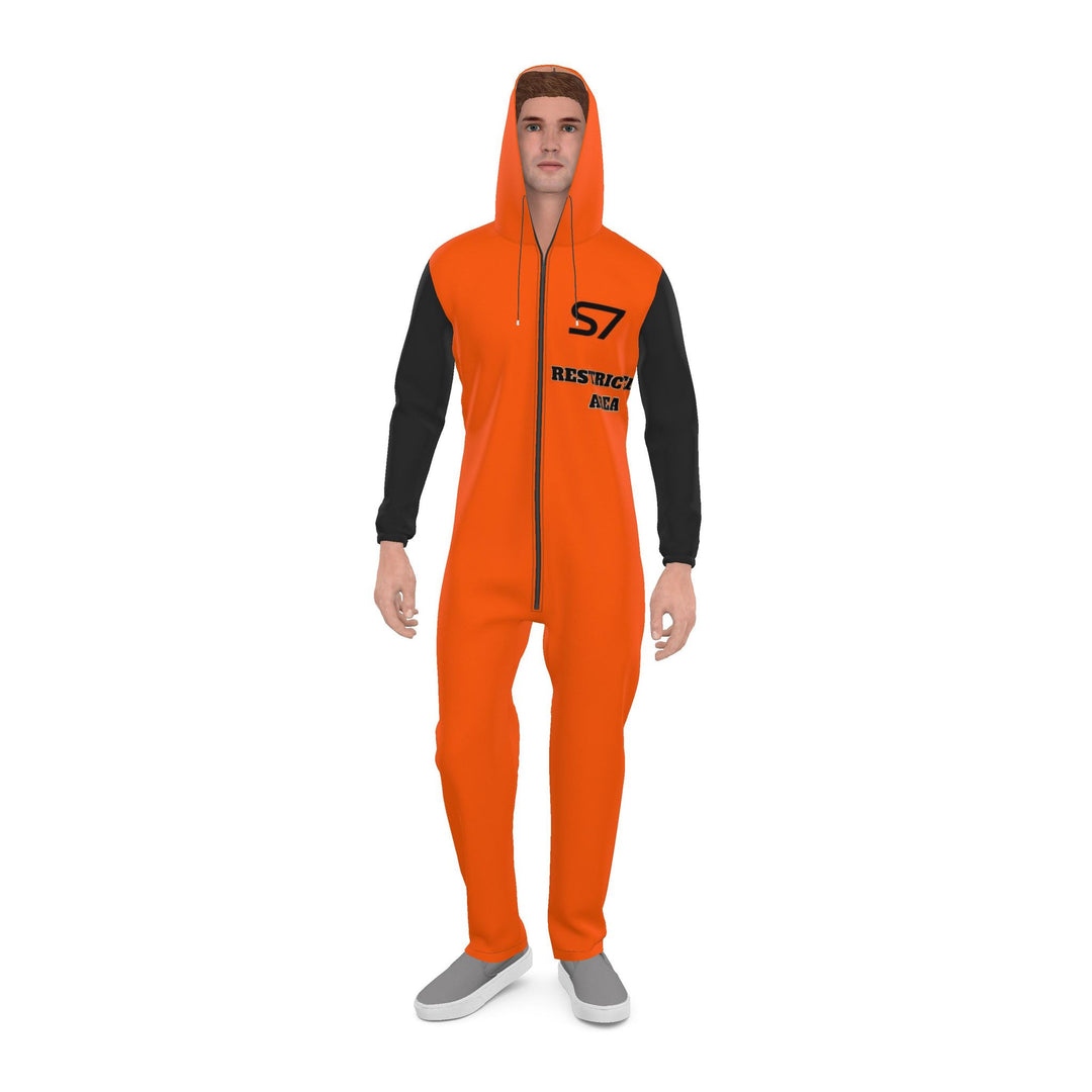 S7 HAZARD orange hooded jumpsuit with black sleeves and S7 Restricted Area chest graphics.