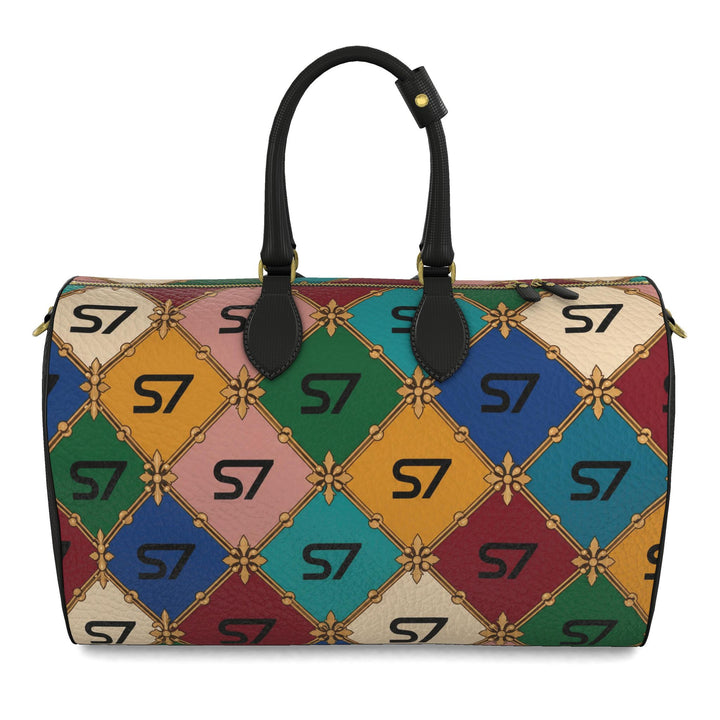 S7 Chromatic Royale leather duffel with multicolor diamond lattice, black S7 monograms, black handles, and gold-tone hardware.