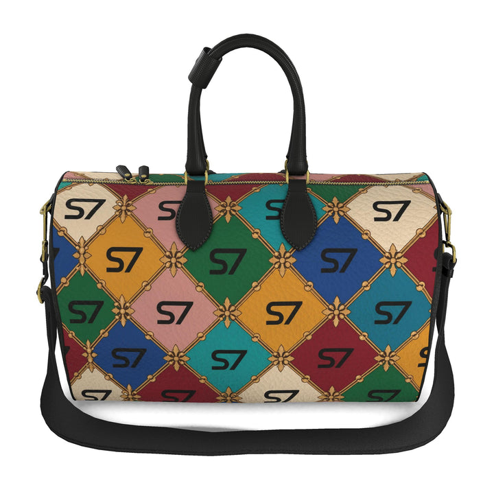 S7 Chromatic Royale leather duffel with multicolor diamond lattice, black S7 monograms, black handles, and gold-tone hardware.