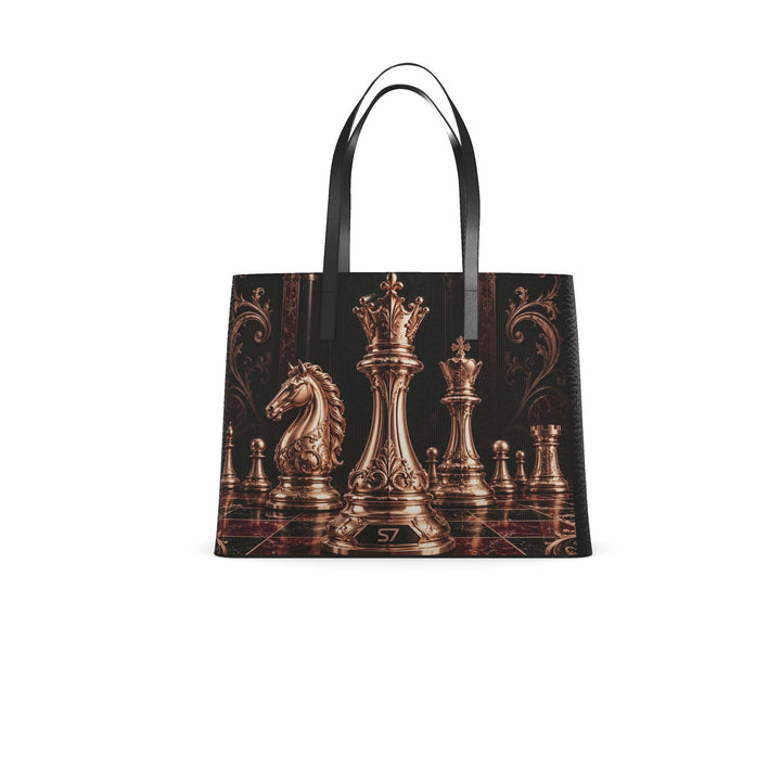 S7 Sovereign black leather tote featuring rose-gold-tone chess pieces, an ornate burgundy chessboard, and black handles.