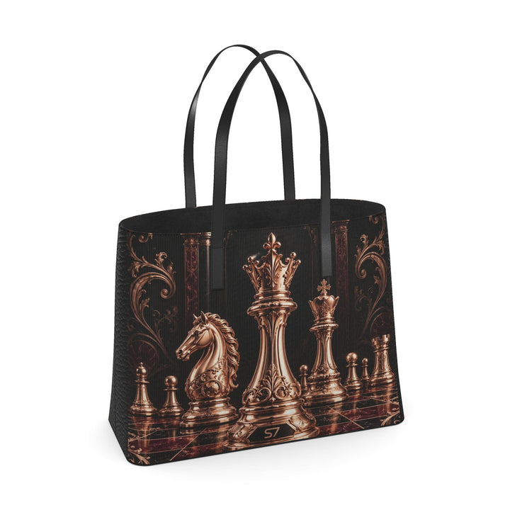 S7 Sovereign black leather tote featuring rose-gold-tone chess pieces, an ornate burgundy chessboard, and black handles.