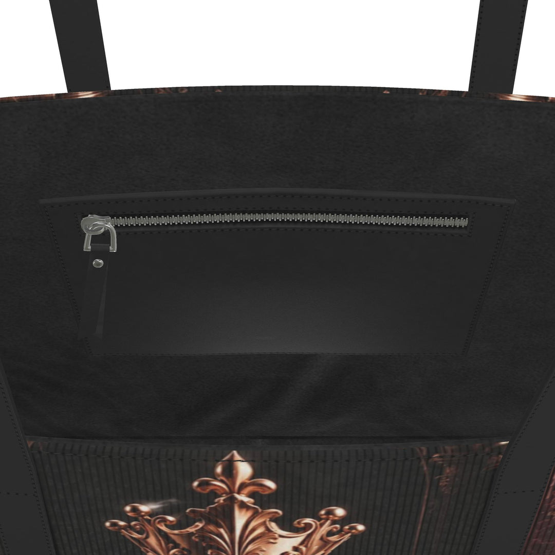 S7 Sovereign black leather tote featuring rose-gold-tone chess pieces, an ornate burgundy chessboard, and black handles.