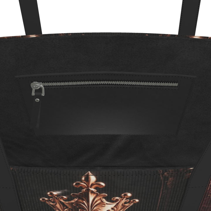 S7 Sovereign black leather tote featuring rose-gold-tone chess pieces, an ornate burgundy chessboard, and black handles.