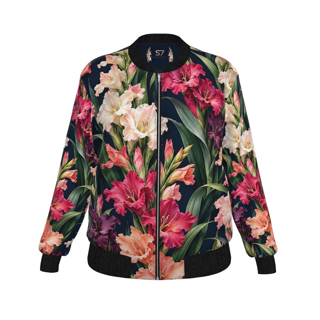 S7 Gladiolus women’s satin bomber jacket with pink, coral, ivory, and plum flowers on midnight navy and contrasting black trim.
