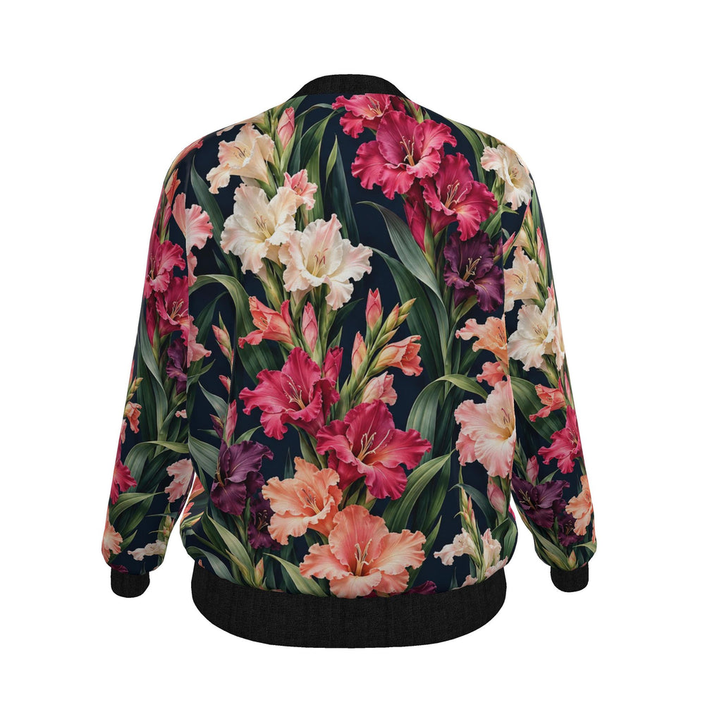 S7 Gladiolus women’s satin bomber jacket with pink, coral, ivory, and plum flowers on midnight navy and contrasting black trim.