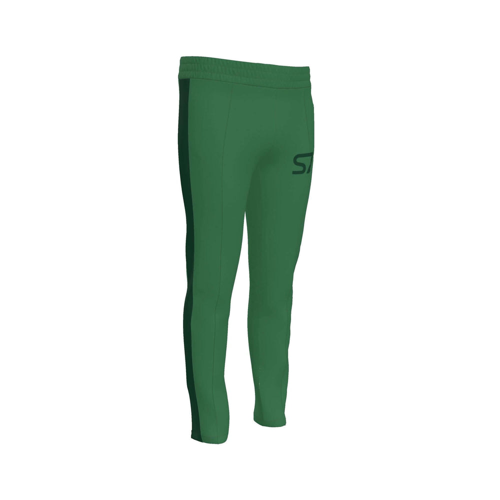 S7 Heritage Green tracksuit pants with a dark forest-green upper-thigh logo and matching stripes down the outer legs.