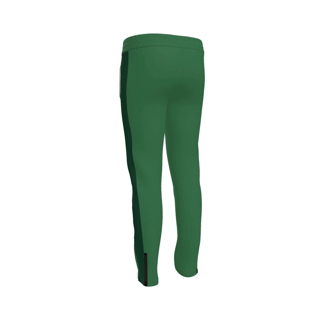 S7 Heritage Green tracksuit pants with a dark forest-green upper-thigh logo and matching stripes down the outer legs.