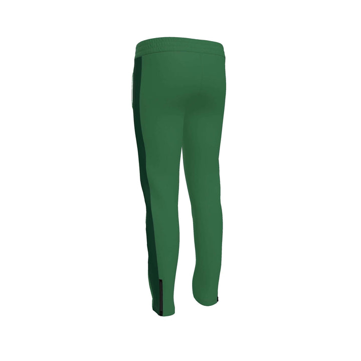 S7 Heritage Green tracksuit pants with a dark forest-green upper-thigh logo and matching stripes down the outer legs.