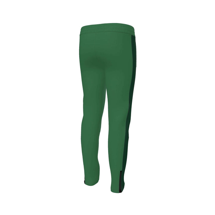 S7 Heritage Green tracksuit pants with a dark forest-green upper-thigh logo and matching stripes down the outer legs.