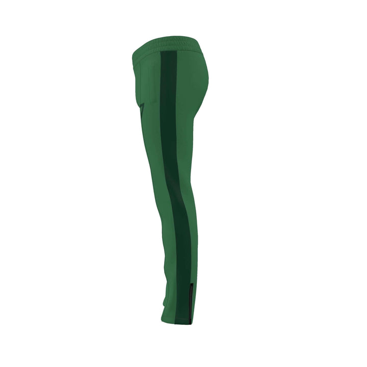 S7 Heritage Green tracksuit pants with a dark forest-green upper-thigh logo and matching stripes down the outer legs.