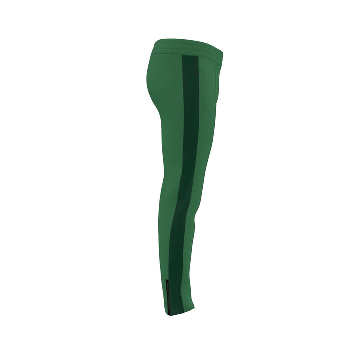 S7 Heritage Green tracksuit pants with a dark forest-green upper-thigh logo and matching stripes down the outer legs.