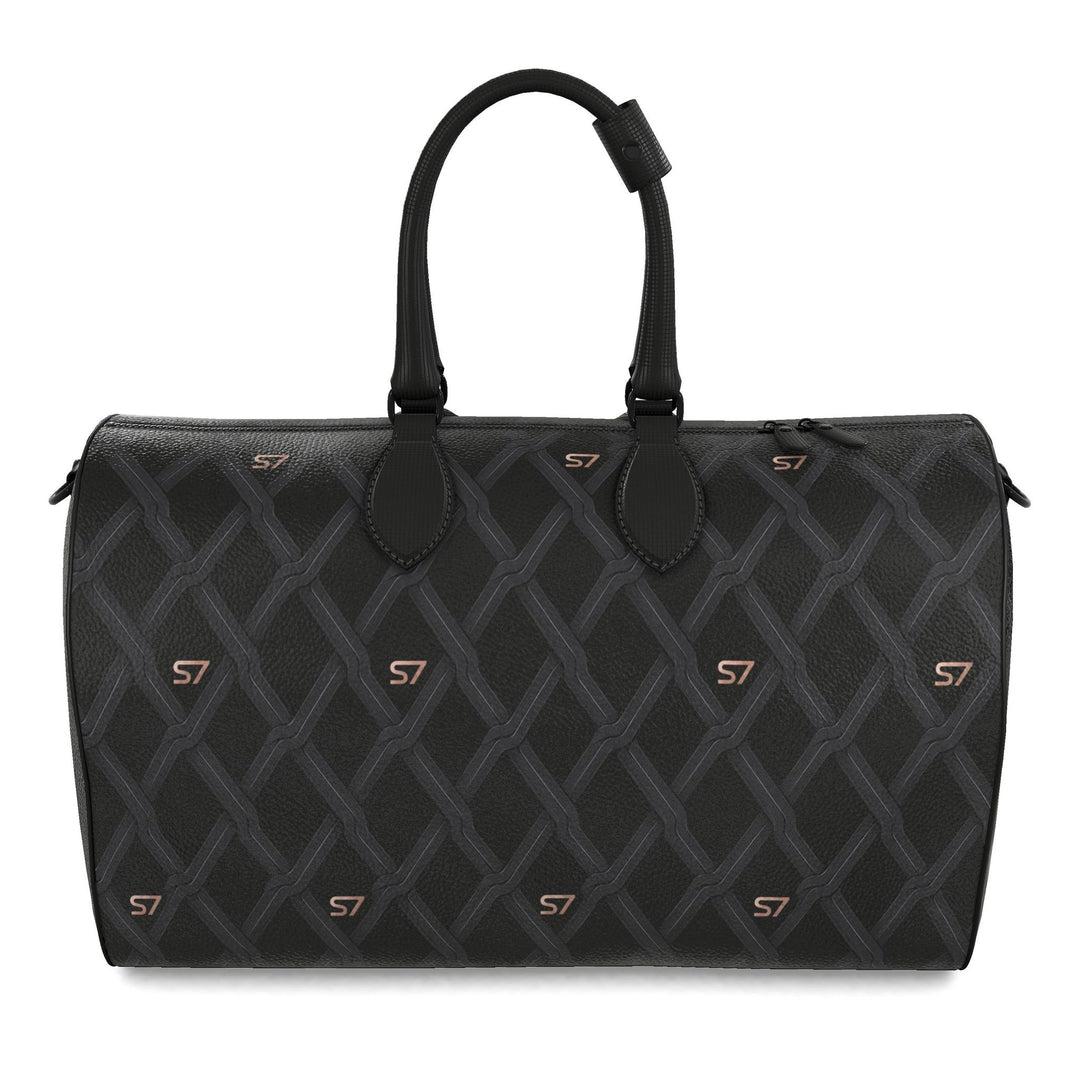 S7 Sovereign Weave leather duffle bag with a black-and-charcoal interlocking diamond pattern, spaced rose-gold-tone S7 logos and black handles.
