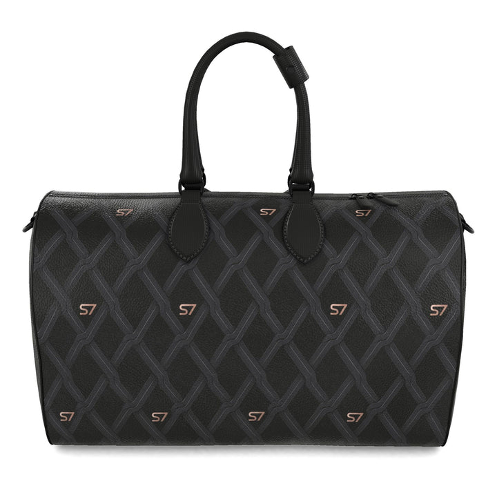 S7 Sovereign Weave leather duffle bag with a black-and-charcoal interlocking diamond pattern, spaced rose-gold-tone S7 logos and black handles.