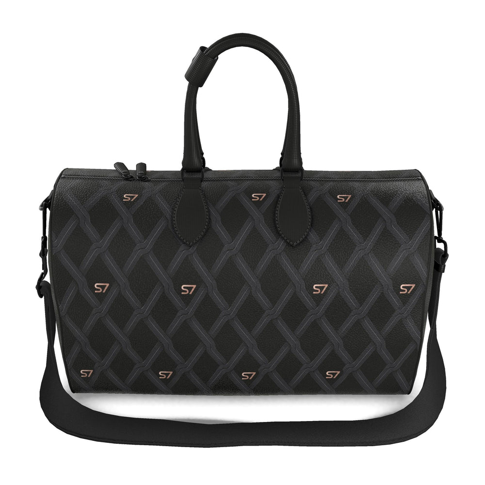 S7 Sovereign Weave leather duffle bag with a black-and-charcoal interlocking diamond pattern, spaced rose-gold-tone S7 logos and black handles.