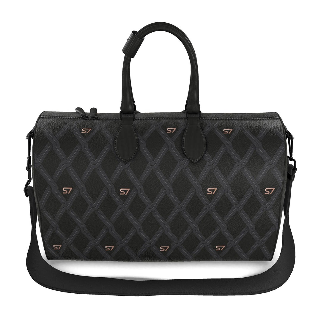S7 Sovereign Weave leather duffle bag with a black-and-charcoal interlocking diamond pattern, spaced rose-gold-tone S7 logos and black handles.