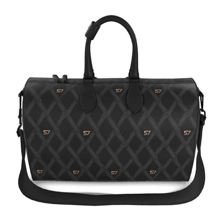 S7 Sovereign Weave leather duffle bag with a black-and-charcoal interlocking diamond pattern, spaced rose-gold-tone S7 logos and black handles.