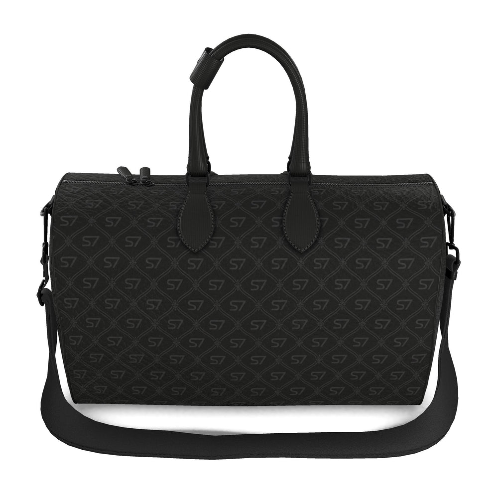 S7 Phantom leather duffle bag featuring near-black charcoal S7 monograms and a tight ornate diamond lattice over a deep-black background.