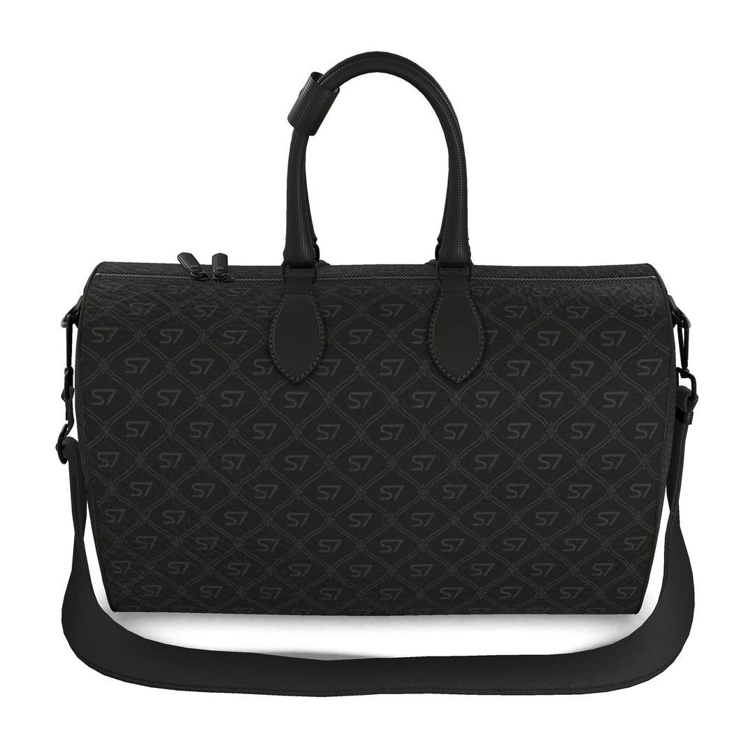 S7 Phantom leather duffle bag featuring near-black charcoal S7 monograms and a tight ornate diamond lattice over a deep-black background.