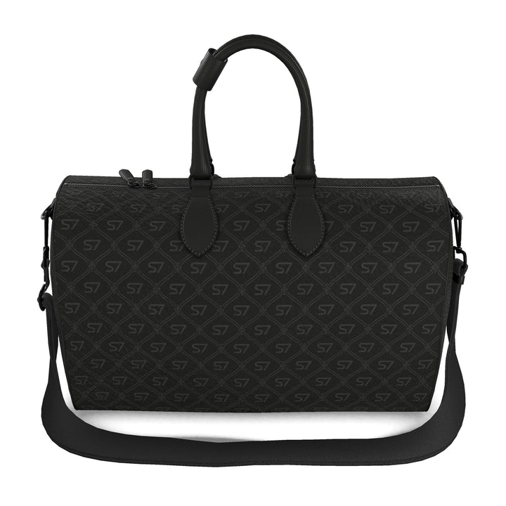 S7 Phantom leather duffle bag featuring near-black charcoal S7 monograms and a tight ornate diamond lattice over a deep-black background.