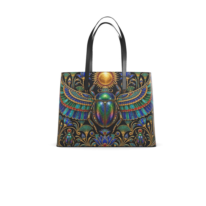 S7 KHEPRI Scarab Royale tote bag with colorful winged scarab artwork, Egyptian-inspired gold detailing, and black handles.