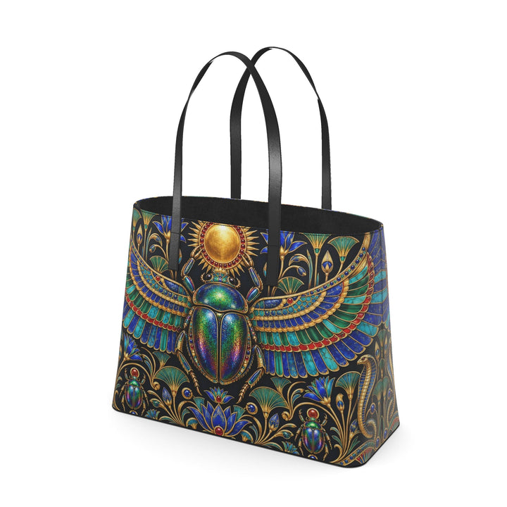 S7 KHEPRI Scarab Royale tote bag with colorful winged scarab artwork, Egyptian-inspired gold detailing, and black handles.