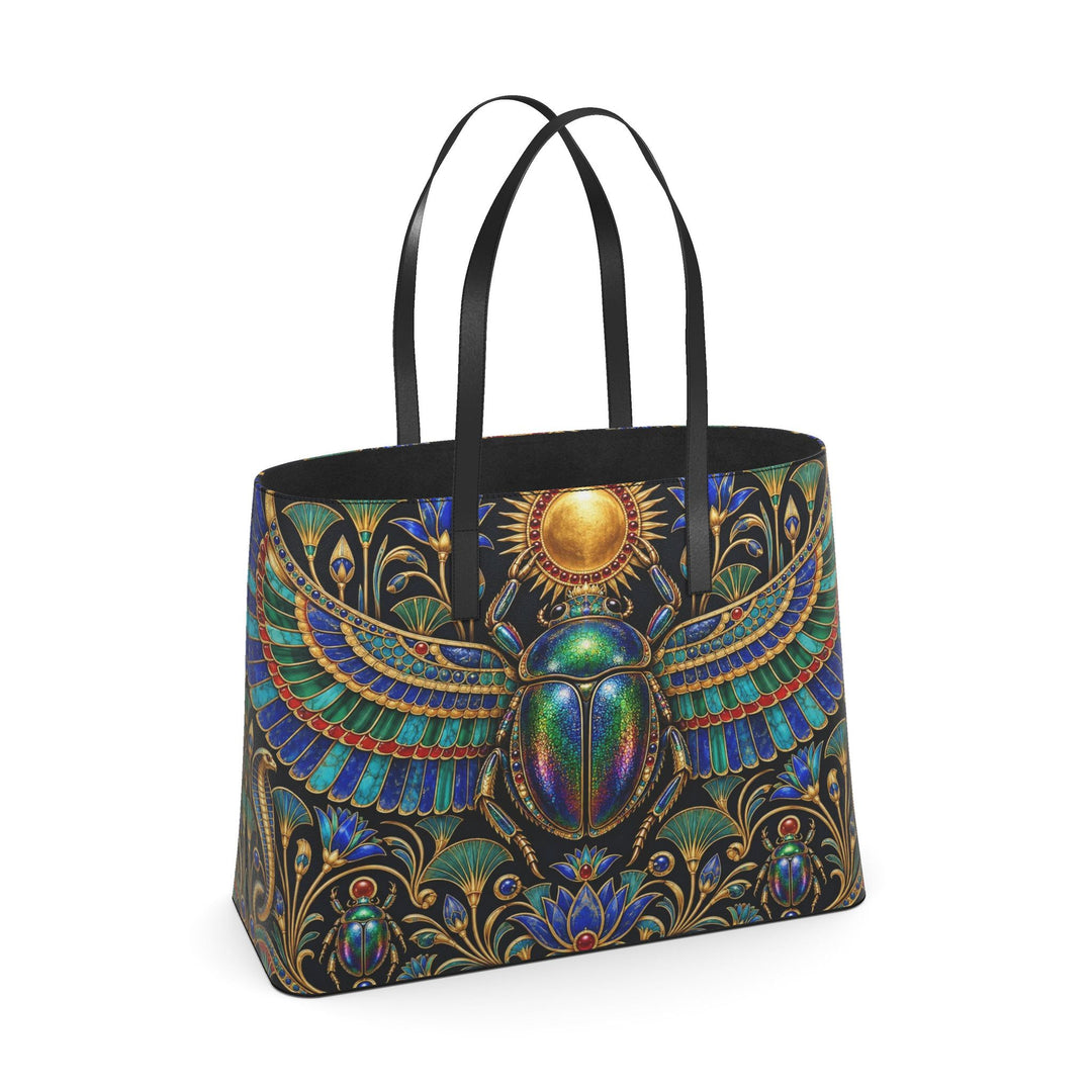 S7 KHEPRI Scarab Royale tote bag with colorful winged scarab artwork, Egyptian-inspired gold detailing, and black handles.