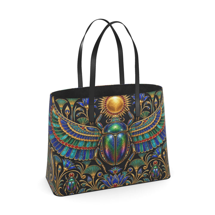 S7 KHEPRI Scarab Royale tote bag with colorful winged scarab artwork, Egyptian-inspired gold detailing, and black handles.